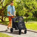 Black Pet Stroller with Rain Cover for Medium and Large Dogs