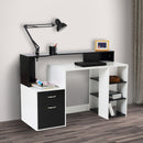 Modern Black and White Computer Desk with Drawers and Storage Shelves