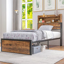 Rustic Brown Steel Single Bed Frame with Storage, 3.1FT