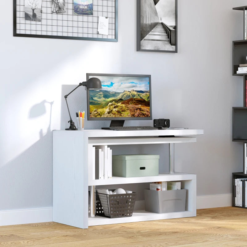White L-Shaped Rotating Corner Desk with Storage Shelf