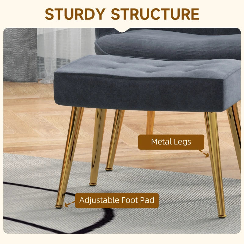 Dark Grey Velvet Armchair Set with Ottoman - Modern Steel Legs Accent Chair for Living Room, Bedroom