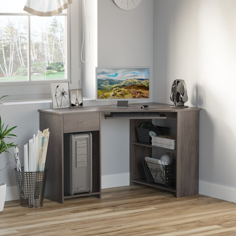 Grey L-Shaped Computer Desk with Shelves & Drawer