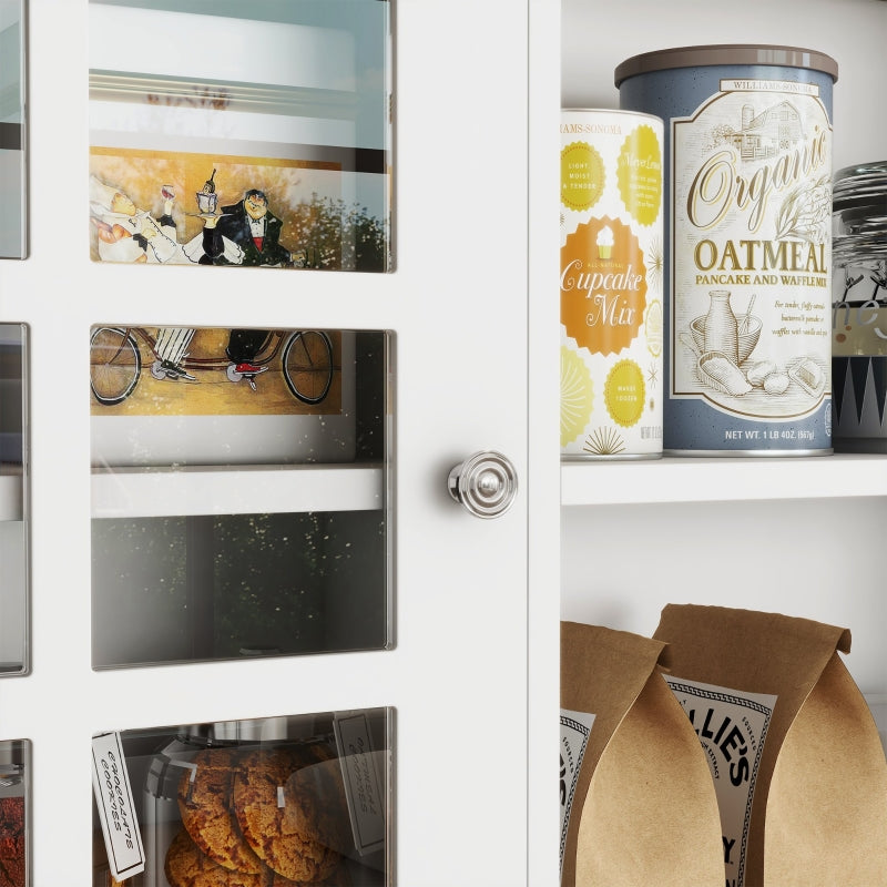 White Freestanding Kitchen Storage Cabinet with Adjustable Shelves and Glass Doors