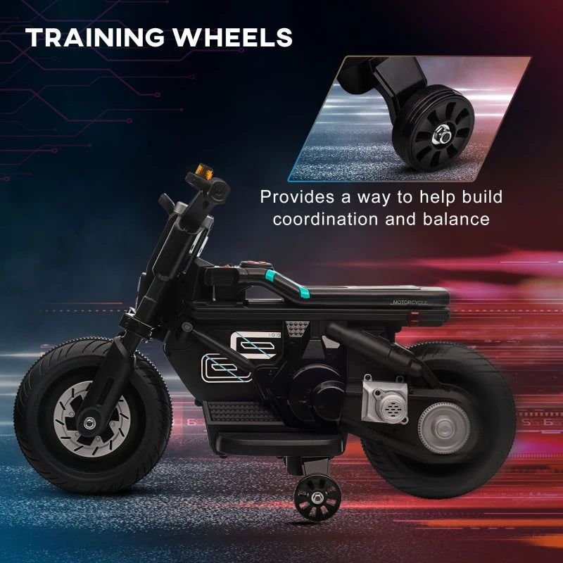Black Kids Electric Motorbike with Siren, Horn, Headlights, Music & Training Wheels - Ages 3-5