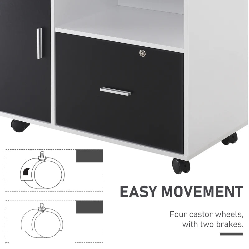 Black and White Mobile File Cabinet with Lockable Drawer and Shelf