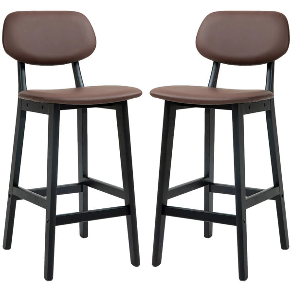 Brown Faux Leather Breakfast Bar Stools Set of 2 with Backs and Solid Wood Legs