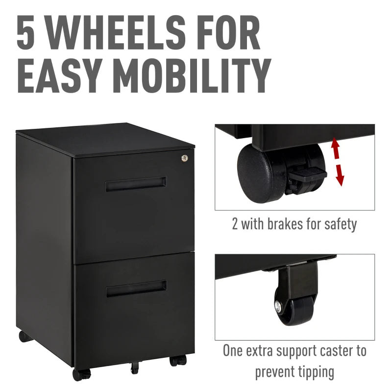 Black 2-Drawer Vertical File Cabinet with Lock, Adjustable Partition - A4/Letter Size