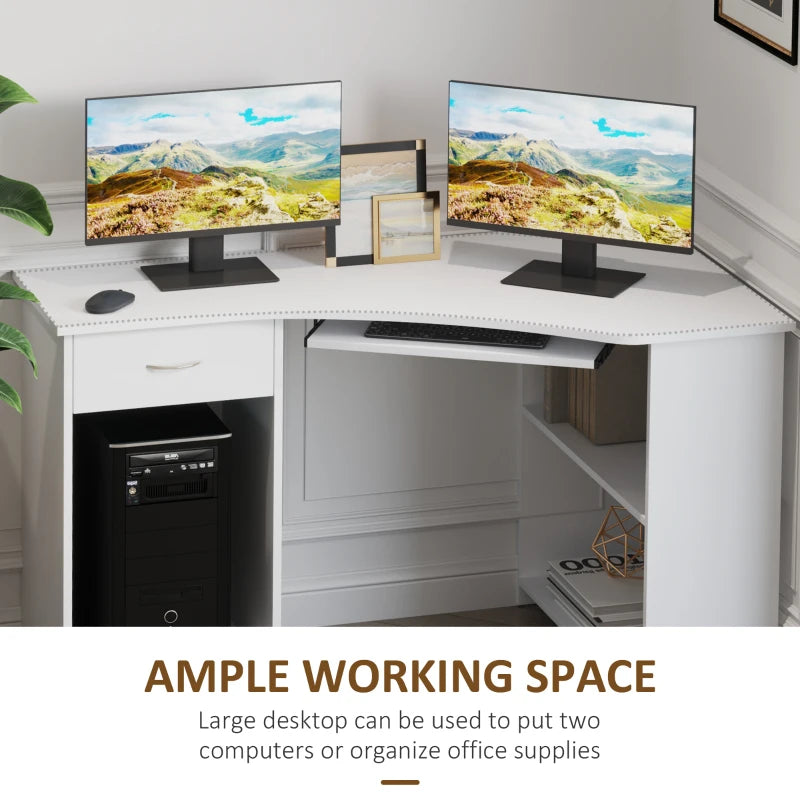 White L-Shaped Computer Desk with Shelves & Drawer