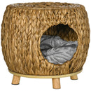 Rattan Cat Cave Stool with Washable Cushion - Indoor/Outdoor Kitten Bed (Grey)