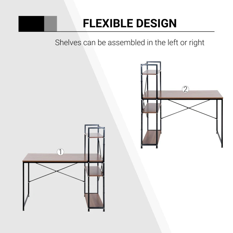 Industrial Walnut and Black Reversible Computer Desk with Storage Shelves