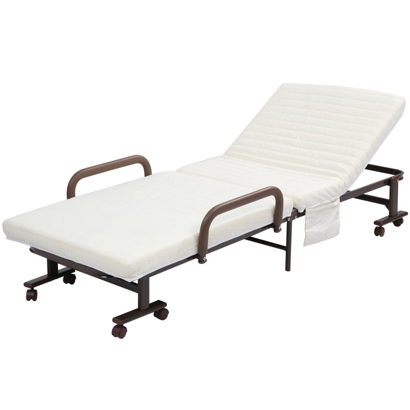 White Folding Guest Bed with Adjustable Backrest, Metal Frame - Single, Portable, 190 x 76 cm