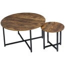 Rustic Brown Metal Frame Round Coffee Table Set - Industrial Side Tables for Living Room