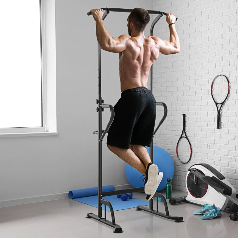 Black Power Tower Dip Station Pull Up Bar - Adjustable Height Home Gym Equipment