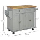 Grey Rolling Kitchen Island Trolley with Rubber Wood Top & Drawers