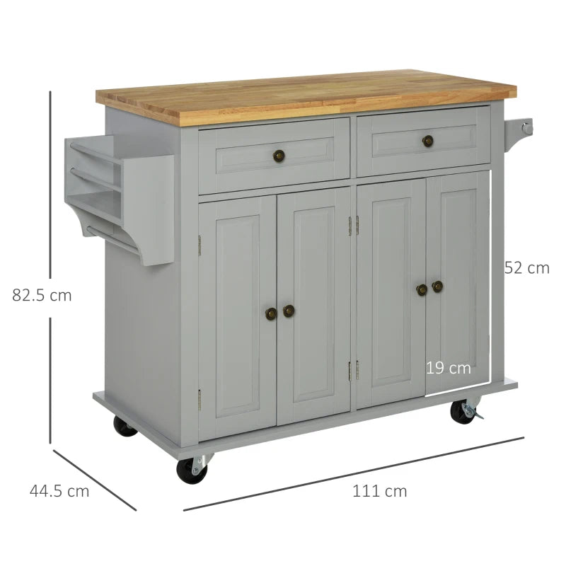 Grey Rolling Kitchen Island Trolley with Rubber Wood Top & Drawers