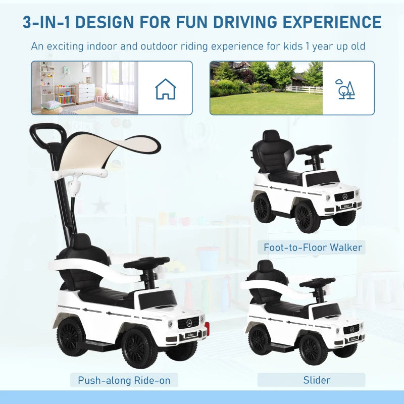 White 3-in-1 Kids Ride-On Push Car with Horn and Steering Wheel