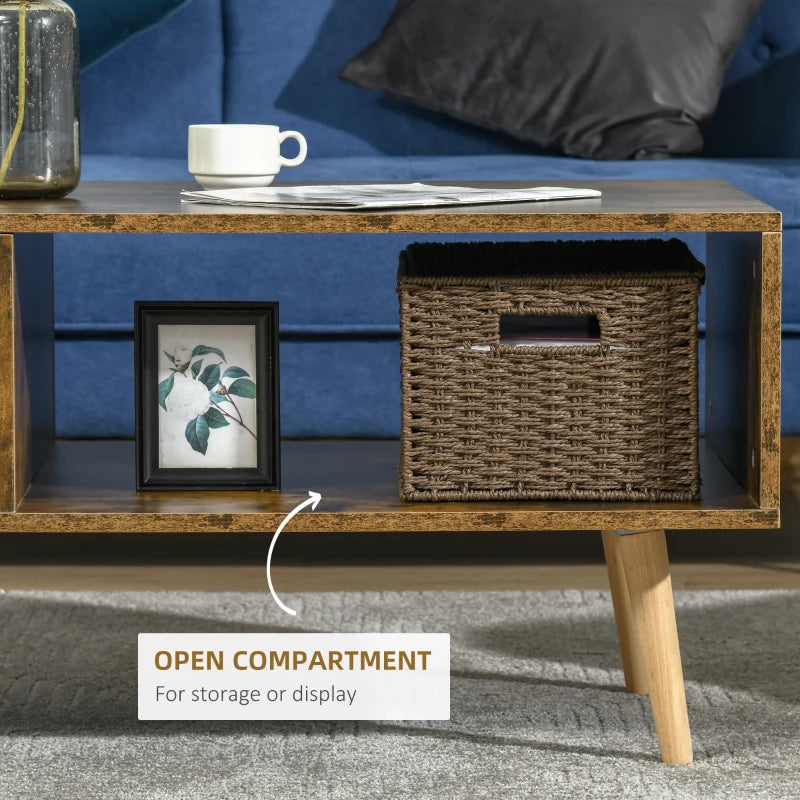 Rustic Brown Coffee Table with Open Storage Shelves and Solid Wood Legs