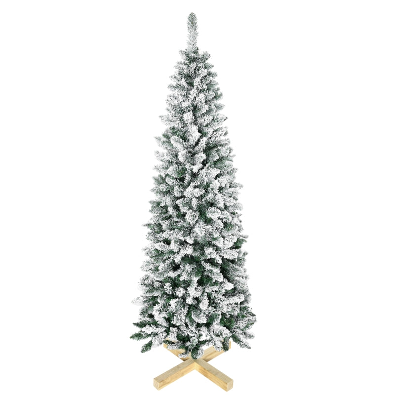 6 Ft Snow Flocked Green Christmas Pencil Tree, Realistic Branches, Auto Open