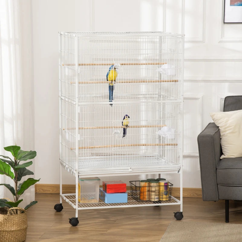 White Large Bird Cage with Stand & Storage - Ideal for Budgies, Finches, Canaries, Parakeets