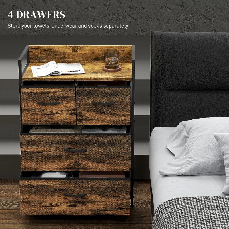 Rustic Brown Wood Effect 4-Drawer Fabric Chest