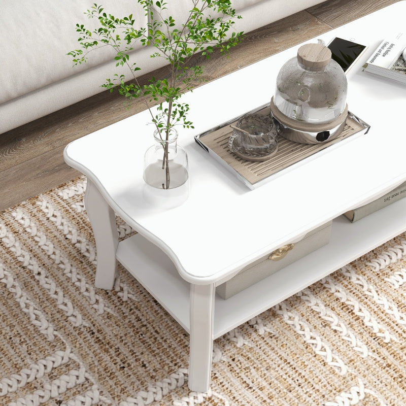 White Wood Coffee Table with Storage Shelf, 94L x 44W x 42H cm