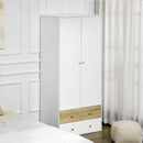 White 2-Door Wardrobe with Drawers and Hanging Rod for Bedroom Storage