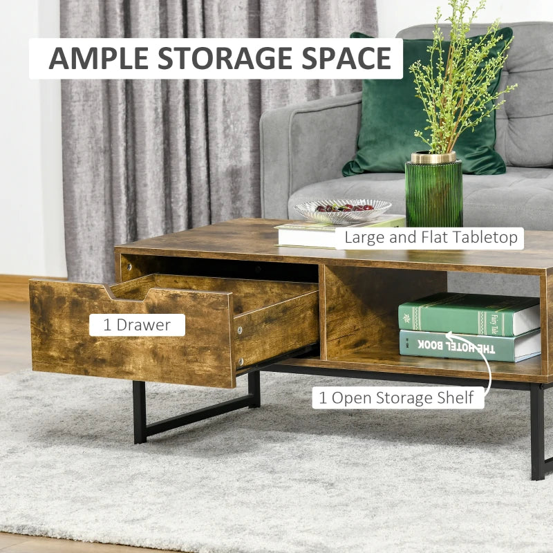 Rustic Brown Industrial Coffee Table with Storage Shelf and Drawer