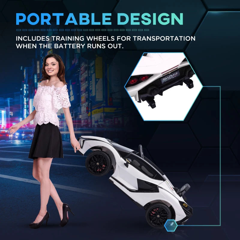 White 12V Kids Electric Ride-On Car with Remote Control and Music