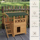 Outdoor Cat House with Balcony and Stairs, Natural Wood Finish, 77 x 50 x 73 cm