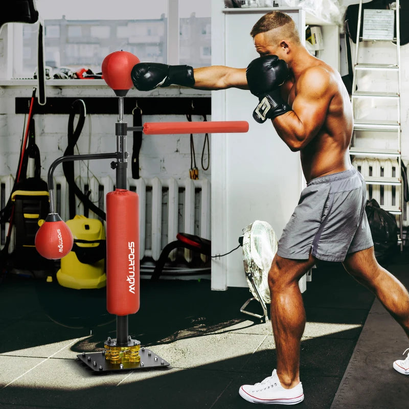Red Freestanding Boxing Bag with Reflex Bar and Speed Balls