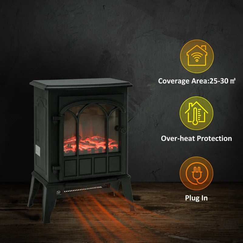 Black Electric Fireplace Stove with LED Flame Effect 1000W/2000W