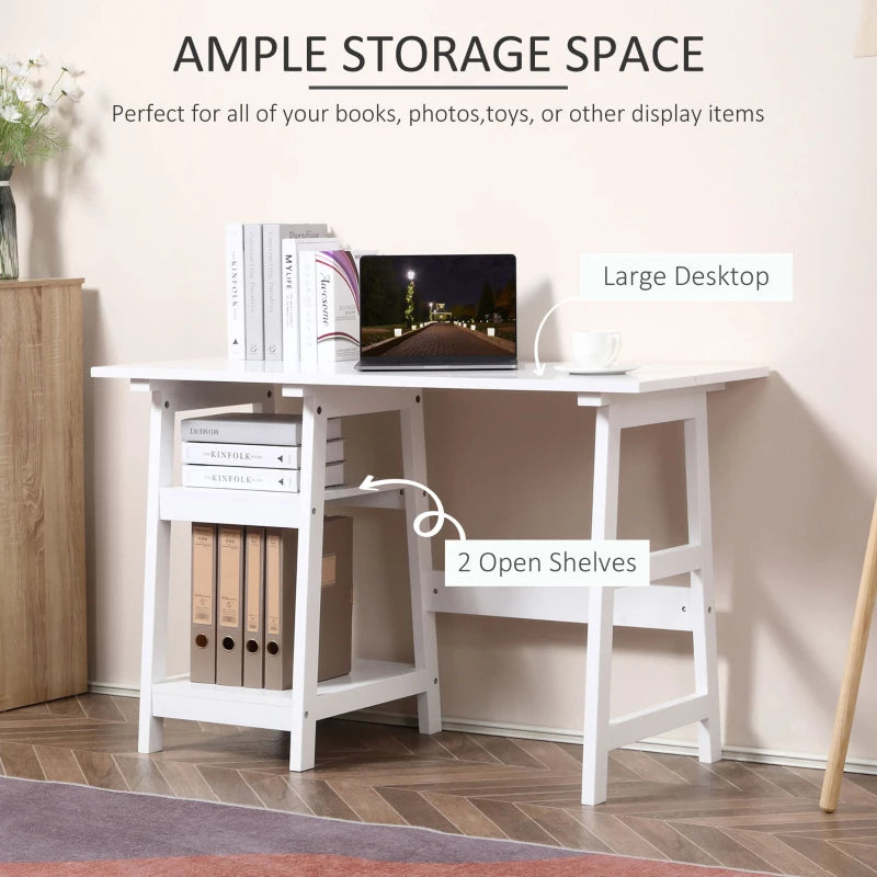 White Compact Computer Desk with Storage Shelves - Home Office Study Table