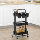 Black 3 Tier Utility Rolling Cart with Baskets and Hooks