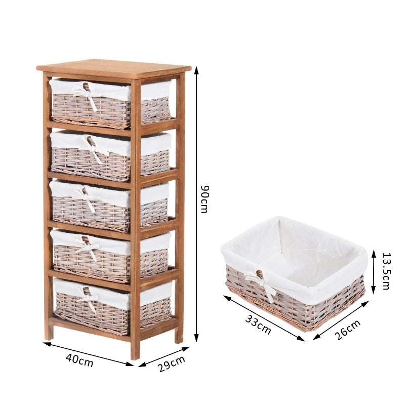 5-Drawer Wicker Basket Storage Unit - Natural Wood Finish