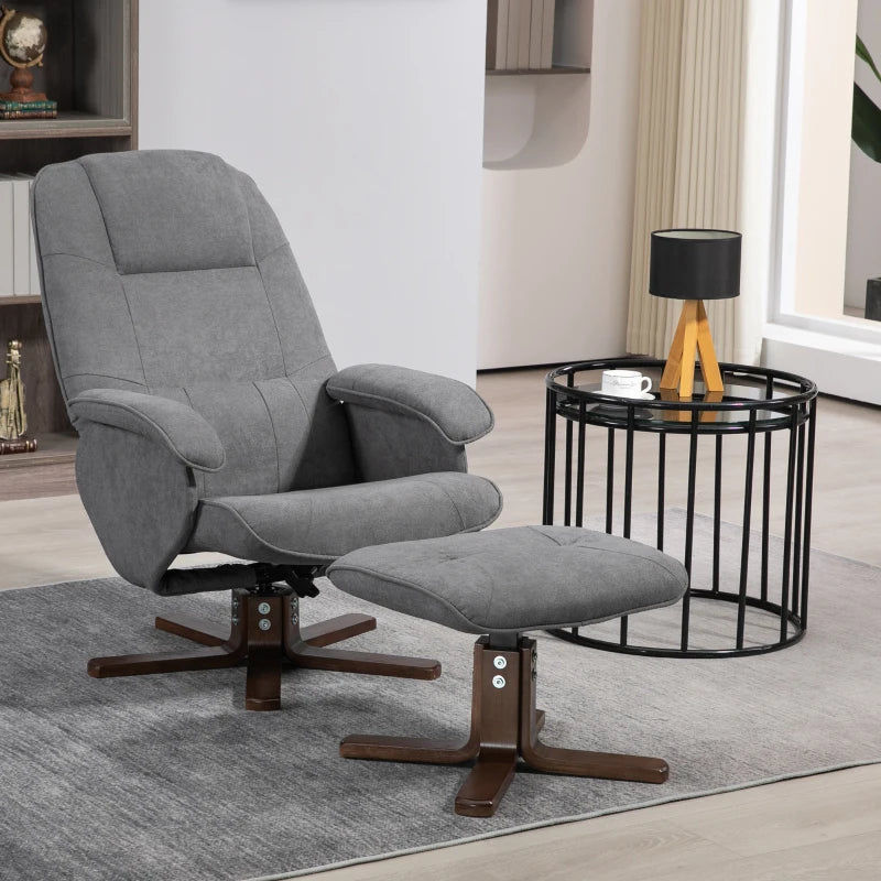 Grey Linen Swivel Recliner Chair Set with Footstool