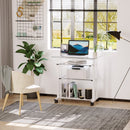 White Compact Computer Desk with Keyboard Tray and Wheels