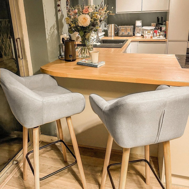 Beige Upholstered Bar Stools Set of 2 - Modern Metal Frame, Solid Wood Legs