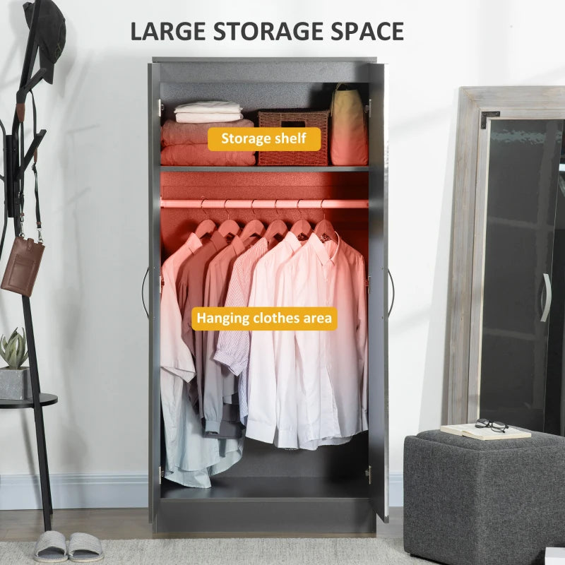 Grey High Gloss 2-Door Wardrobe with Hanging Rod and Storage Shelf