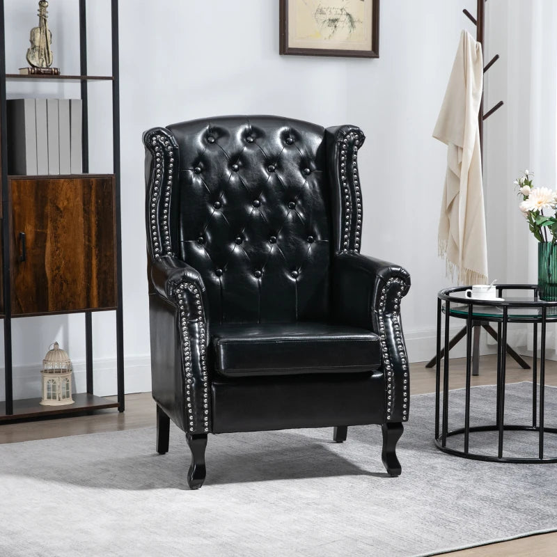 Black Wingback Tufted Armchair with Nail Head Trim