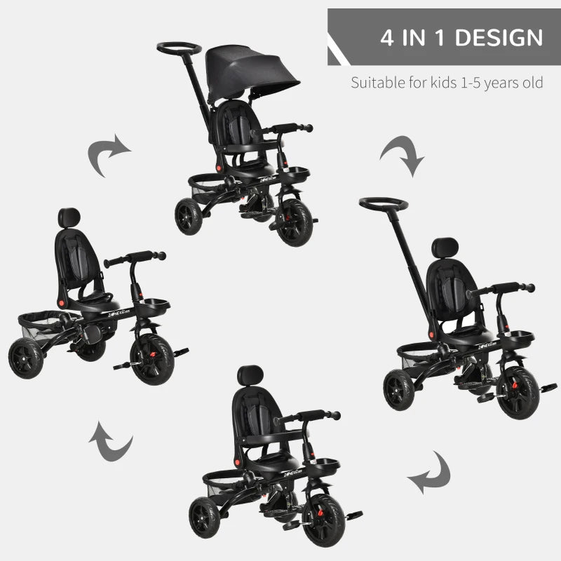 Black 4-in-1 Kids Trike with Adjustable Seat & Canopy