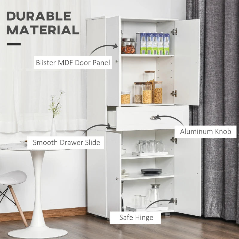 White Tall Kitchen Storage Cabinet with Drawer & Adjustable Shelves