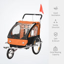 Orange 2-Seater Collapsible Baby Bike Trailer with Pivot Wheel Hitch