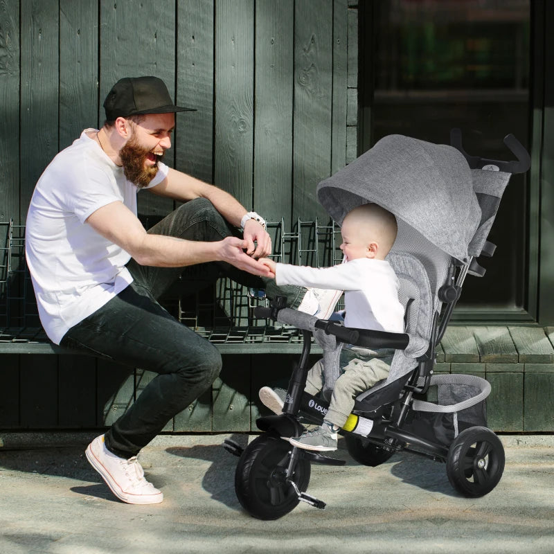 Grey 6-in-1 Kids Trike with Push Handle, Canopy, Safety Belt, Storage & Brake