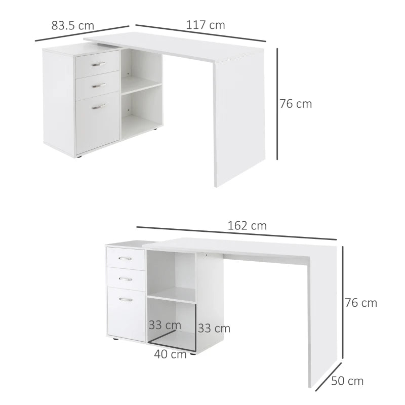 White L-Shaped Corner Desk with Drawers and Storage Shelves