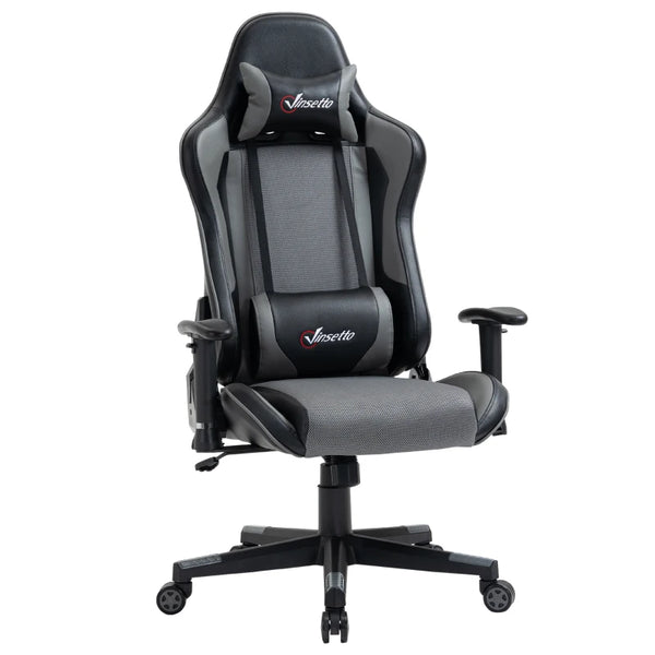Grey Racing Gaming Chair with Headrest and Lumbar Support