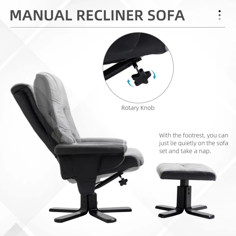 Grey Fabric Swivel Recliner Armchair Set with Footstool