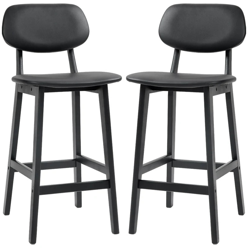 Black Wooden Bar Stools with Faux Leather Seats - Set of 2