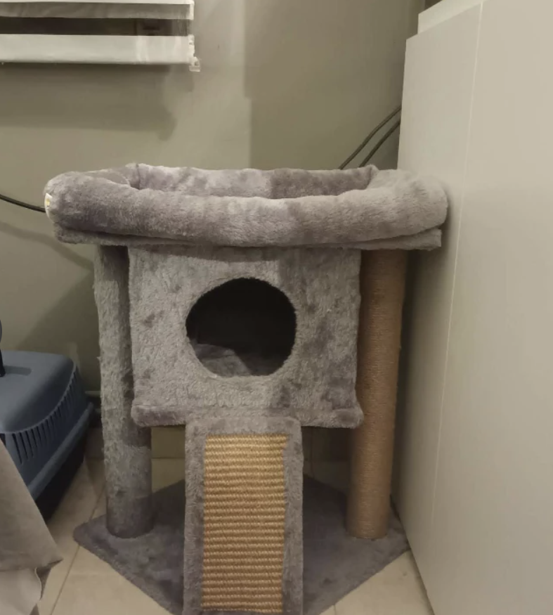 Grey Cat Tree Tower with Scratching Post and Toy Ball