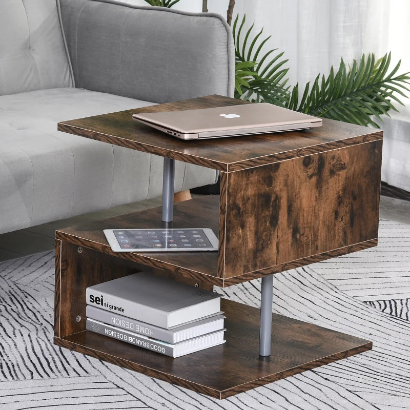Rustic Brown Wooden S-Shaped Coffee Table with 2-Tier Storage Shelves