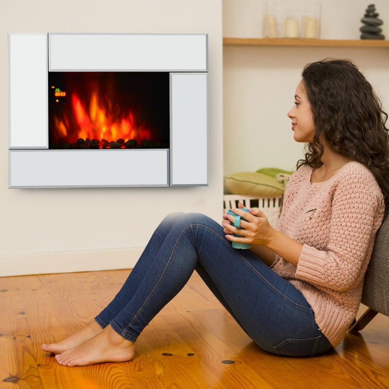 Silver Wall Mount Electric Fireplace Heater with Flame Effect & Tempered Glass